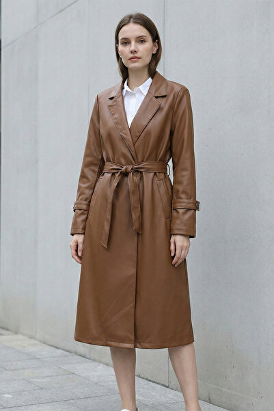 Kirazgym Women's Faux Leather Trench Coat with Belt Detail and Pockets - Tan