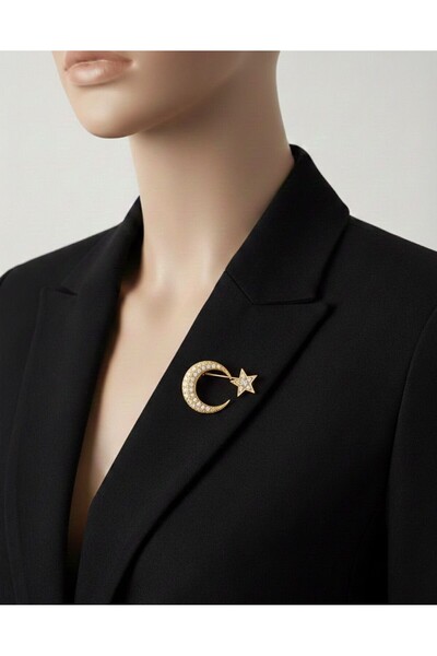 FESECRAFT Taşlı Gold Türk Bayrağı Broş Kadın Aksesuar Yaka Ceket Süsü