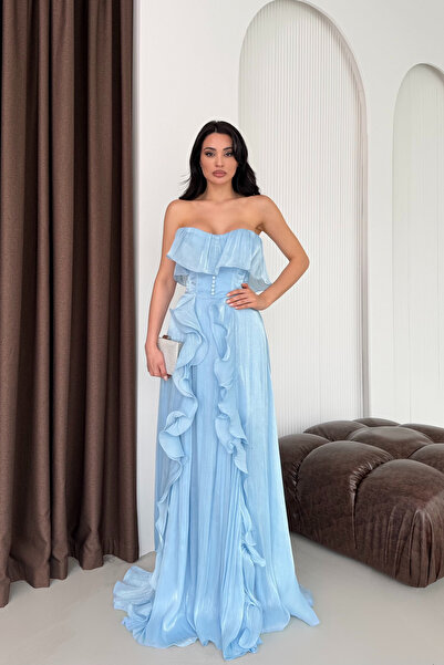 Serica Moda Baby Blue Strapless Flounced Slit Chiffon Evening Dress