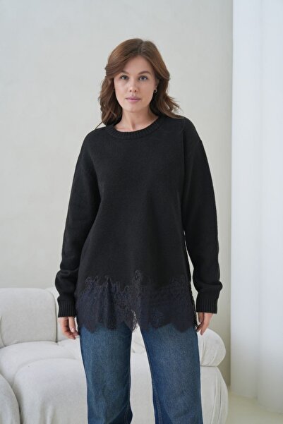Noi Belis Lace Detailed Soft Textured Crew Neck Knitwear Sweater Aw25Kz0135