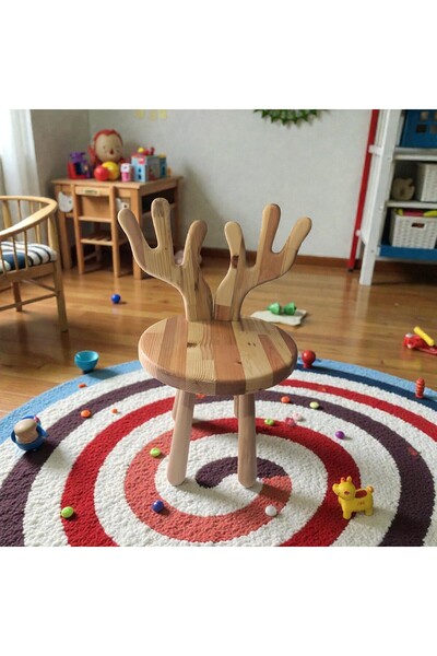 Vera Hediyelik Eşya Geyik Figürlü Ahşap Çocuk Sandalyesi Tabure Aktivite Masa...