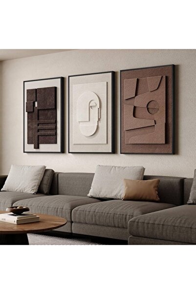 ASTRA STUDIO 3'lü Set Modern El Yapımı Rölyef Tablo - Soyut Figürlü Dokulu Du...