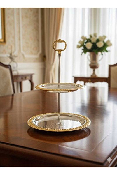 decovien İki Katlı Vintage Metal Yuvarlak Bayram Şekerlik Çikolatalık