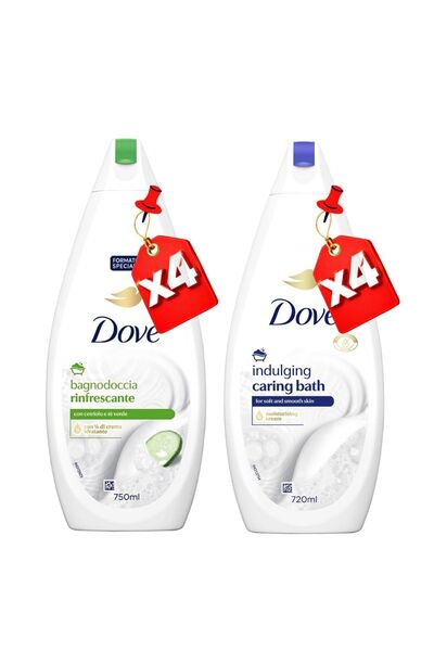 Dove SHOWER GEL 750ML REFRESHING X4+ 720ML INDULGING CARING BATH X4
