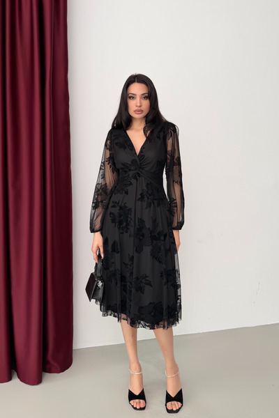 Serica Moda Siyah Önü Düğümlü Tül Kollu Flok Baskı Elbise