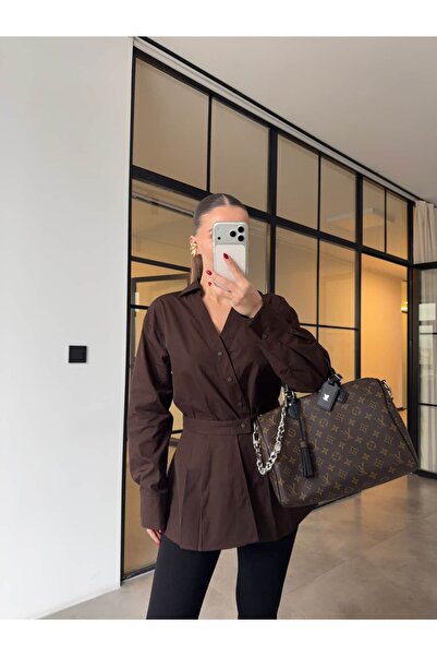 BB Bensu Buyruk BEL DETAYLI ÇİFT PARÇALI POPLİN GÖMLEK KAHVE