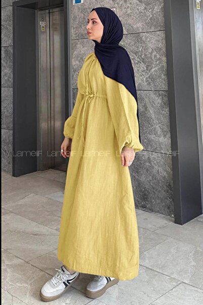 lamelif Balloon Sleeve Tie-Down Hijab Dress Yellow