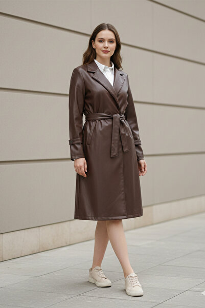 Kirazgym Women's Faux Leather Trench Coat with Belt Detail and Pockets - Brown