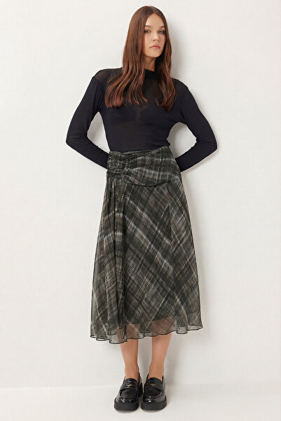 Lovelyİstanbul Plaid Asymmetrical Chiffon Midi Skirt Lzv0050 Khaki