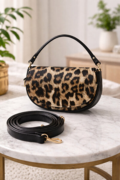 ALTUVATEKS Leopar Kapaklı Yarım Ay Saddle El Omuz ve Askılı Çanta Minimal Kad...