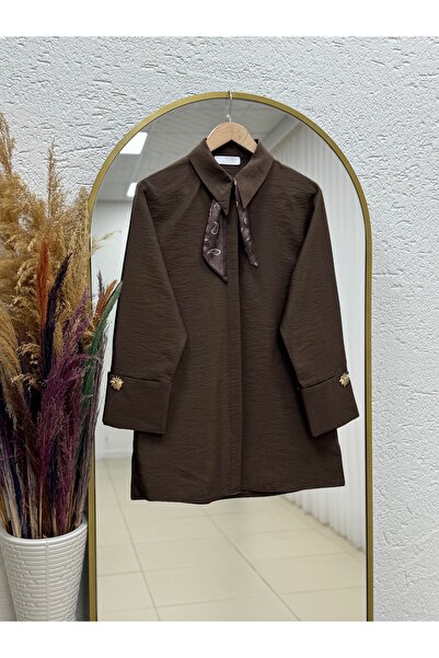 MİHRA STORE Adıgül Hidden Placketed Scarf Sleeve Cuffed Tunic-Şa1192 Dark Brown