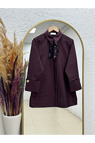 MİHRA STORE Adıgül Hidden Patchwork Scarf Sleeve Cuff Tunic-Şa1192 Plum