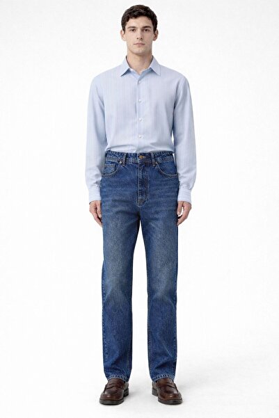 oraystore Men's Stone Washed Detail Navy Blue Straight Fit Straight Leg Jeans