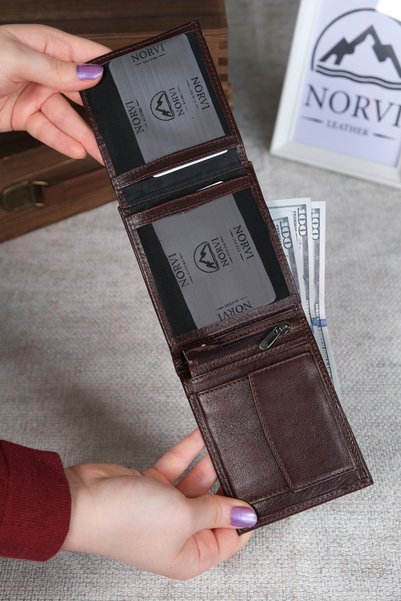 Norvi Leather محفظة أفقية من الجلد الأصلي مع فتحة للعملات المعدنية وسحاب داخلي 1307