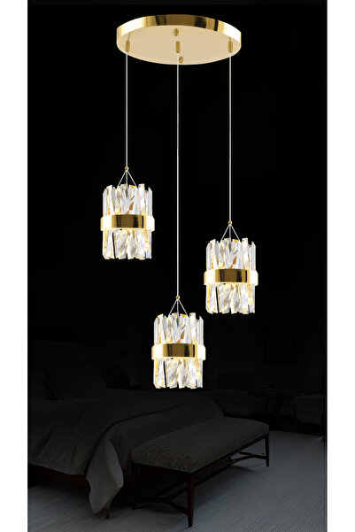 RONİSU AYDINLATMA Vexlora 3'lü Sıralı Taşlı Sarkıt Kristal Taşlı LED Avize