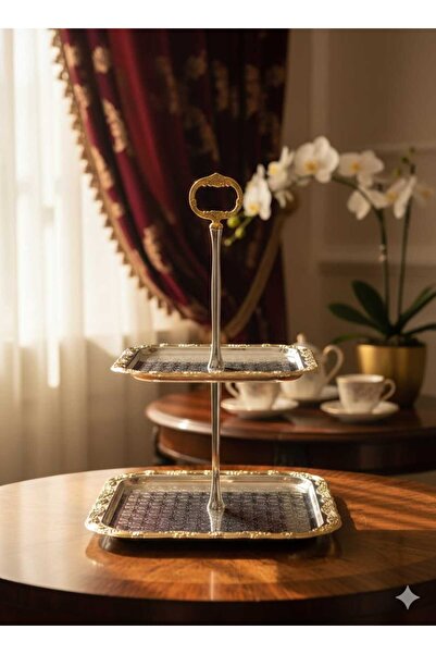 decovien İki Katlı Vintage Metal Kare Bayram Şekerlik Çikolatalık