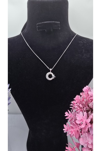 ahsenaksesuar2025 Moon Star Necklace with Zircon Stone, Silver Color, Sparkli...