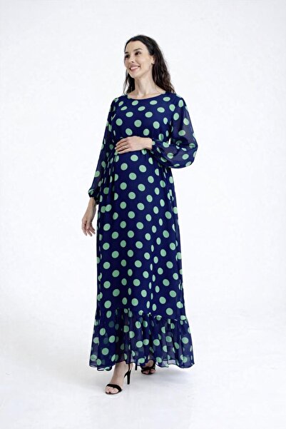 Desen Hamile Giyim Lacivert Yeşil Puantiyeli Uzun Hamile Elbise