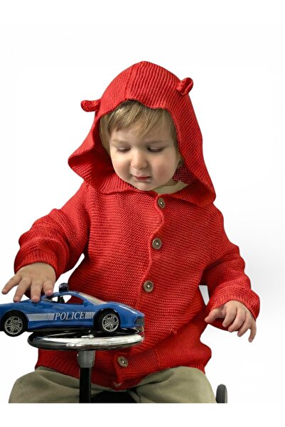 KUEZA KIDS Bebek & Çocuk Kapüşonlu Kulaklı Düğmeli Cepli Pamuklu Triko Hırka
