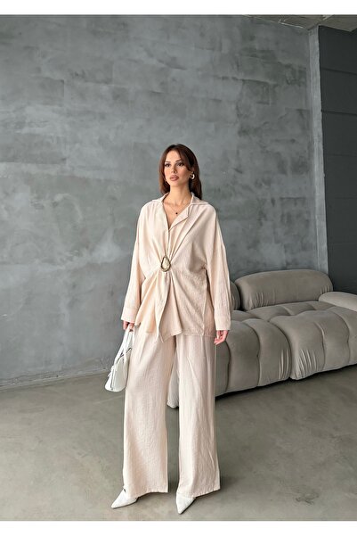 MODAMERSİ Women's Beige Oversize Shirt and Trousers Two-Piece Set with Access...