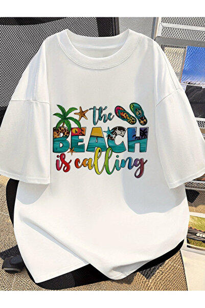 ELAN WEAR Beach printed oversize women's/men's unisex white t-shirt
