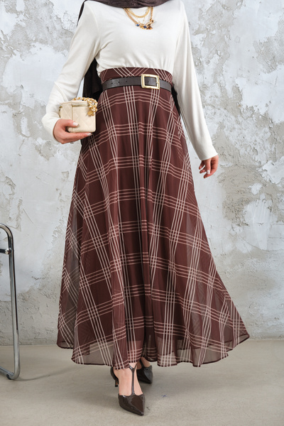 LOCCO Women's Side Zipper Square Pattern Chiffon Skirt Brown