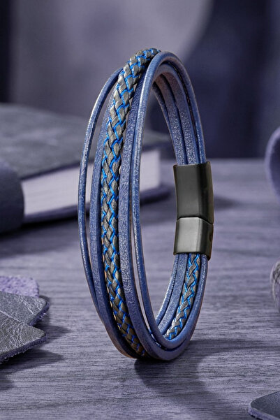 OSMANLI GÜMÜŞ Men's Leather Bracelet Blue Multi Leather Cord Bracelet with Ma...