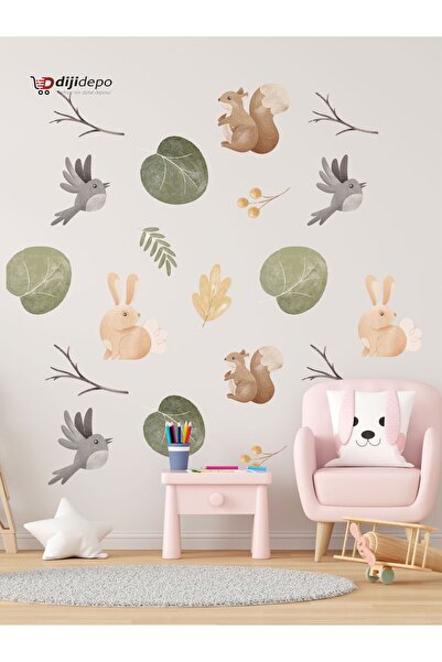 Boho Orman Hayvanları Duvar Sticker Seti Sulu Boya Sincap, Tavşan, Kuş ve Yapraklar