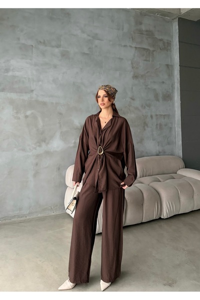 MODAMERSİ Women's Brown Oversize Shirt and Trousers Set with Accessory Detail