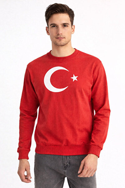 Jooy Company Moon Star Turkish Flag Printed Red Crew Neck Sweatshirt