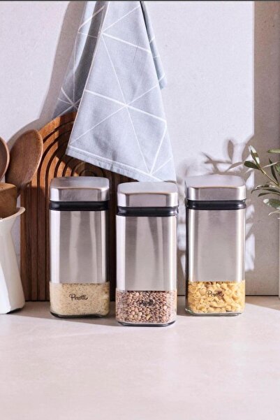 Perotti Cubic Cam- İnox 3 Lü Vakumlu Kavanoz Seti 21x10x10 cm