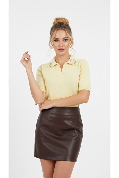 Noi Belis Pearl Detailed Polo Collar Soft Textured Short Sleeve Knitwear Blou...