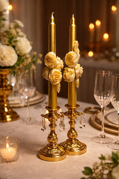 mumy candle Gold çiçekli şamdan mum 2li