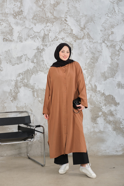 LOCCO Women's Shirt Collar Tencel Buttoned Dress Camel