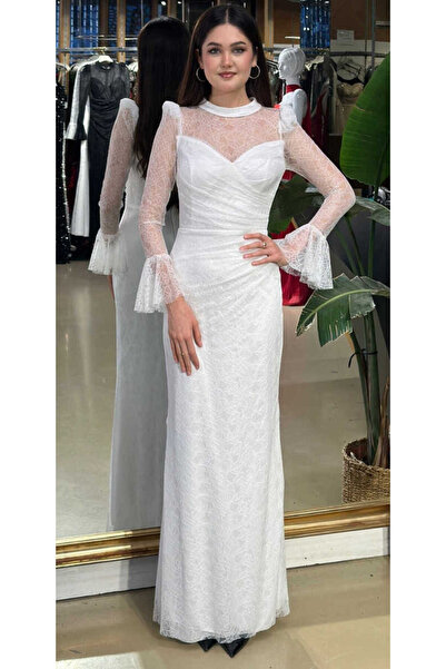 Abiyeniall Beyaz Uzun Kollu Düz Kesim Likralı Dantel Uzun Abiye Elbise 11203-02