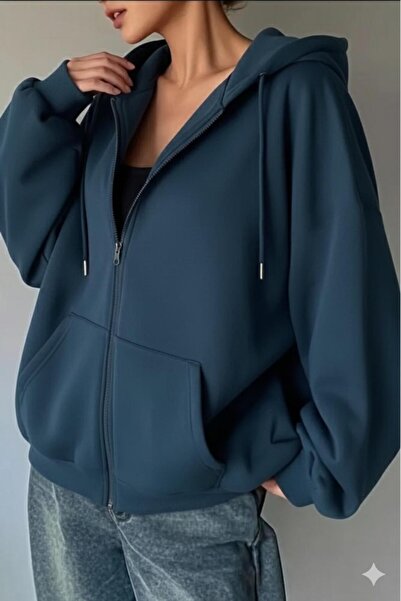 NO 601 Women's Petrol Blue Full Zip Hooded Cardigan Jacket