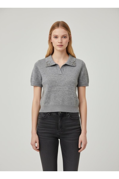 Noi Belis Pearl Detailed Polo Collar Soft Textured Short Sleeve Knitwear Blou...