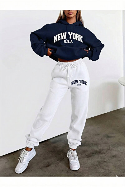 LAMASTRE Women's Hooded New York Tracksuit Set - White Bottom, Navy Blue Prin...