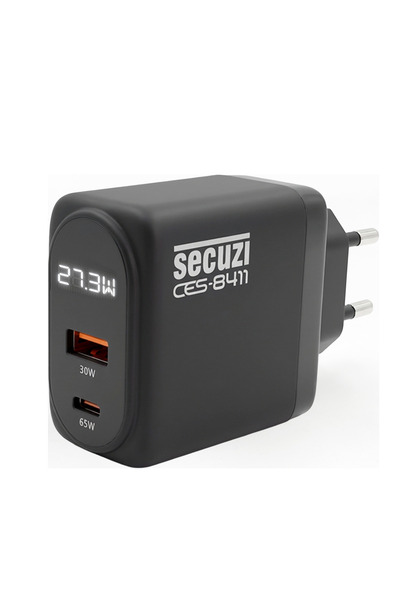 SECUZİ 65w Hızlı Şarj Adaptörü / Type-C - USB-A Çift Port / Dijital Ekran / D...