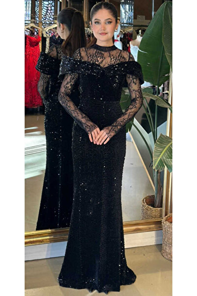 Abiyeniall Siyah Uzun Kollu Dantel Detaylı Düz Kesim Likralı Pul Payet Uzun A...