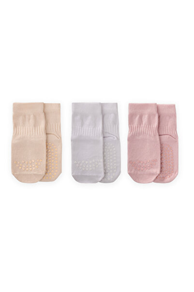 Cigit Triple Crawling and Anti-Slip Socks for 1-4 Years Old, Powder, Sand, White