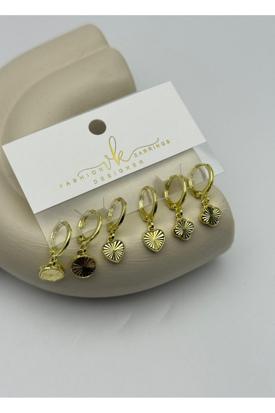 BİJU YILMAZ Vip Gold Round Clover Heart 6-Piece Earrings - 26Vipkp51