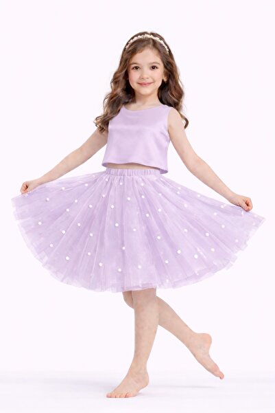 SUNEH Kız Çocuk İnci Detaylı Lila Tütü Etek Doğum Günü Mezuniyet Parti Etek