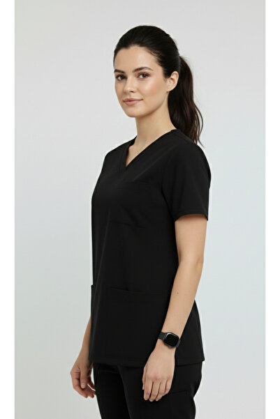 STİLMED Tek Üst Siyah Unisex Doktor ve Hemşire Forması Scrubs Likralı Yarasa Kol