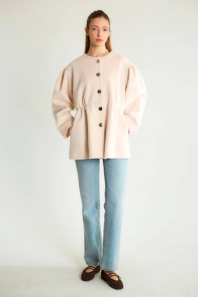 cemo Kabarık Kollu ve Altın Düğmeli Peluş Suni Kürk Ceket