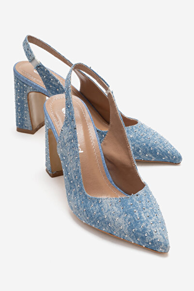 CCWAY AYAKKABI Women's Mirrored Open-Back Heeled Shoes Blue Denim