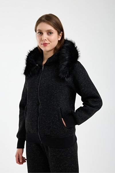 Afri Women's Gray-Black Hooded Sweatshirt with Fur (Removable) and Zipper, Sw...
