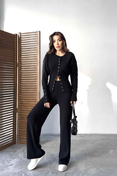 Lusin Women's Black Snap Detailed Cardigan and Trousers Two-Piece Knitwear Se...