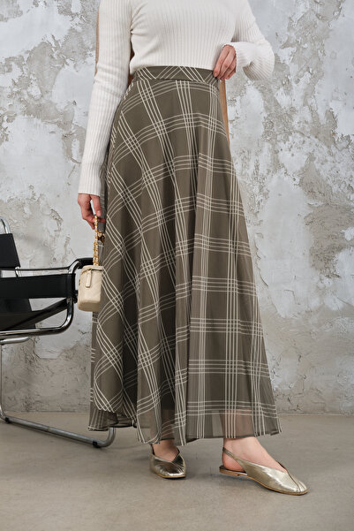 LOCCO Women's Side Zipper Square Pattern Chiffon Skirt Green