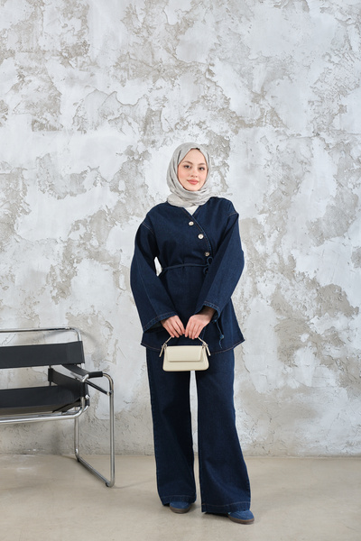 LOCCO Women's Side Button Detail Waist Tie Jeans Set Navy Blue